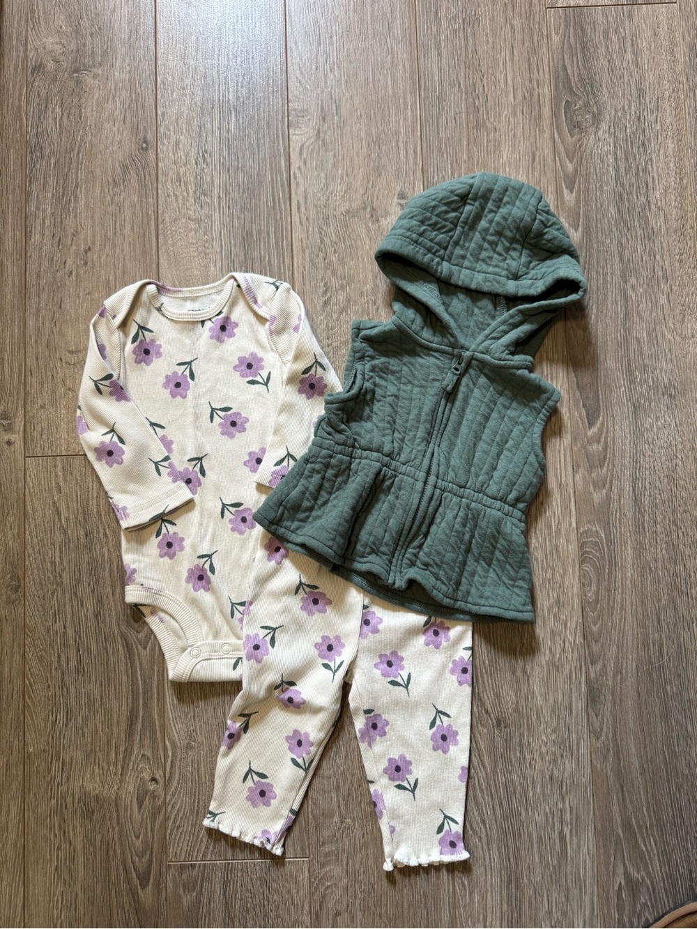 Carters Floral Baby Bodysuit & Quilted Hooded Vest Set in Cream, Purple & Green